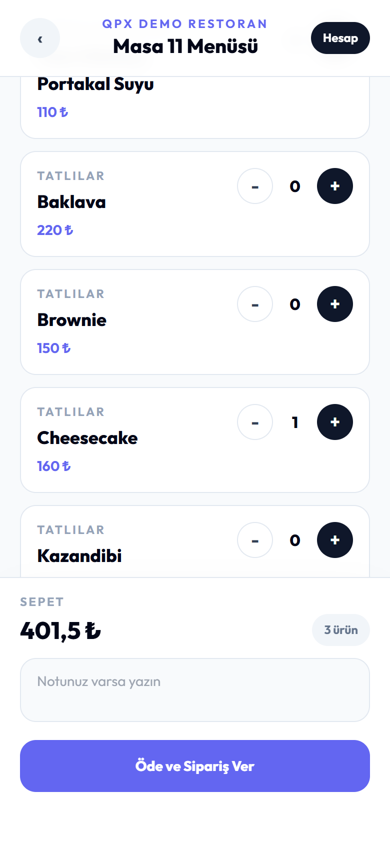 QPX self servis sipariş ekranı